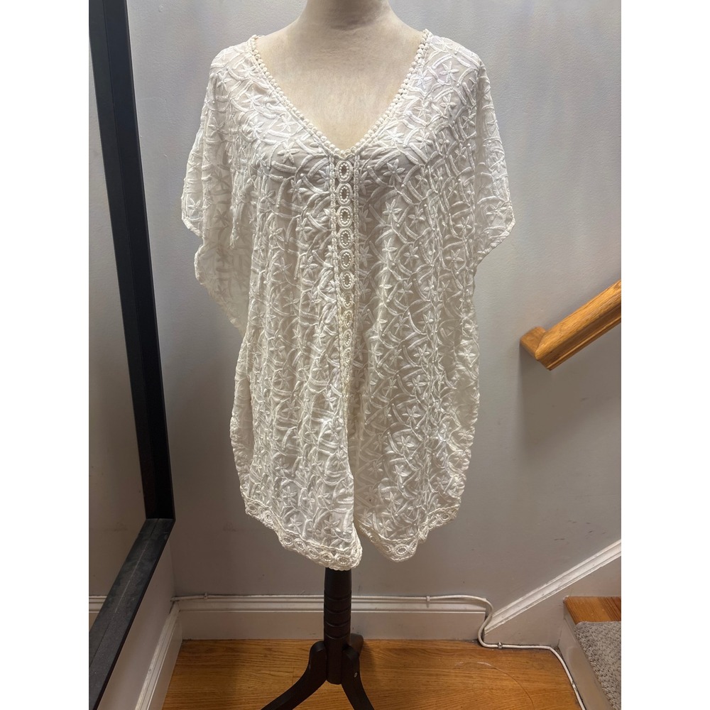 Joe Fresh Swim Cover Up Womens OS White New Embroidered Crochet V-Neck Caftan